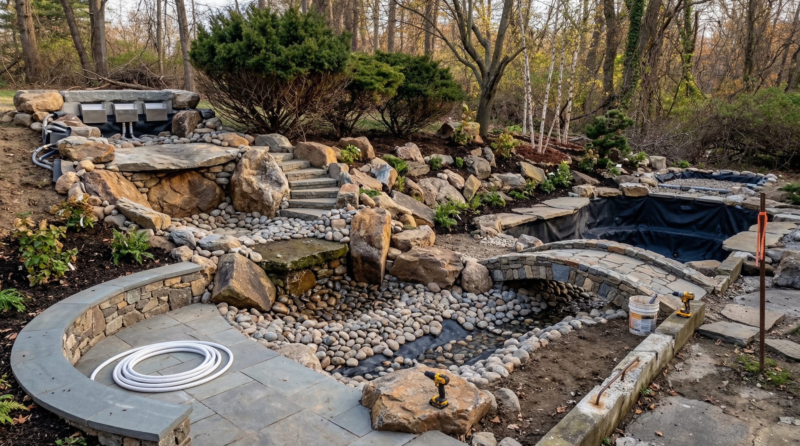After: Custom pond and waterfall with natural stones